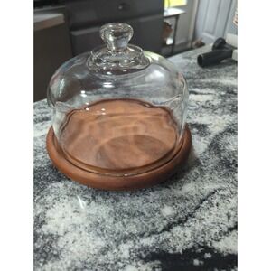 Vintage Cheese Teak Wood Board Charcuterie Round Glass Dome 7.5"x6" By Goodwood